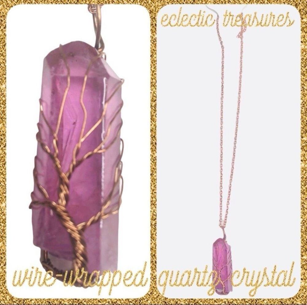 Lavender Quartz Crystal Pendant Tree of Life Wire Wrapped Necklace Pendant